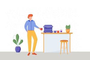 illustration vectorielle plane employé de bureau. employé avec tasse dans la salle de pause avec station de café. intérieur de la salle à manger avec meubles et plantes domestiques. personnage de dessin animé sans visage dégustant une boisson chaude vecteur