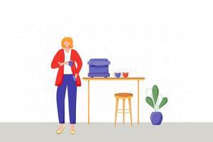 illustration vectorielle plane employé de bureau. employée avec tasse dans la salle de pause avec station de café. intérieur de la salle à manger avec mobilier et plante domestique. personnage de dessin animé sans visage dégustant une boisson chaude vecteur