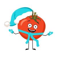 personnage de père Noël à la tomate avec une émotion heureuse, un visage joyeux, des yeux souriants, des bras et des jambes avec une écharpe et des mitaines. personne végétale avec expression, fruits rouges pour noël et nouvel an. illustration vectorielle vecteur