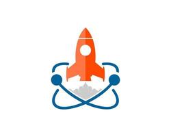 symbole de l'atome avec lancement de fusée orange vecteur