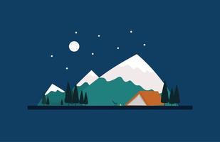 une ambiance camping nocturne au pied d'une montagne enneigée, avec la lune, les étoiles et les forêts de pins. fond de nature, illustration d'icône vectorielle vecteur