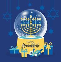 illustration vectorielle de hanukkah juish. menorah juive dans l'icône de vecteur de globe de neige. symbole des bougies de hanuka. bonne carte d'hiver de Hanoucca avec de la neige.
