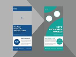 le programme de vaccination covid-19 enroule le modèle de conception de bannière. conception de dépliant d'affiche de vaccination contre le coronavirus. couverture, roll up banner, poster, prêt à imprimer vecteur