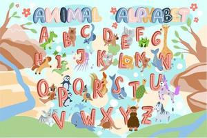 alphabet illustré d'animaux de dessin animé de a à z. illustration vectorielle. animaux mignons drôles. alphabet anglais. apprendre à lire vecteur