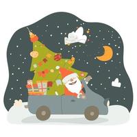 le père noël monte la voiture avec des cadeaux de noël et un arbre de noël décoré. illustration vectorielle en style cartoon sur fond blanc. dessin à main levée. pour l'impression, la conception de sites Web. vecteur