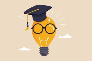 l'éducation ou la connaissance est le pouvoir de créer de la créativité, une idée ou une solution, un concept de cours académique ou de formation, une ampoule lumineuse géniale portant des lunettes et un chapeau de graduation ou un panneau de mortier. vecteur