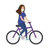 jeune femme avec masque facial en vélo vecteur