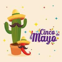 piment de cactus mexicain avec des chapeaux et des moustaches de conception vectorielle de cinco de mayo vecteur