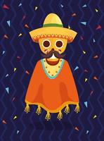 crâne mexicain avec chapeau de moustache et dessin vectoriel de poncho