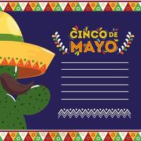 cactus mexicain avec chapeau et moustache de dessin vectoriel de cinco de mayo