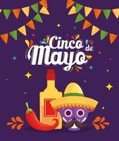 bouteille de tequila mexicaine piment et crâne avec chapeau de dessin vectoriel de cinco de mayo