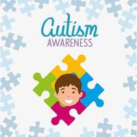 journée mondiale de l'autisme avec visage de garçon et pièces de puzzle vecteur