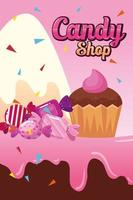 affiche de magasin de bonbons avec cupcake et caramels vecteur