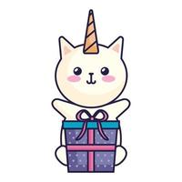 Licorne chat mignon avec icône de boîte-cadeau vecteur