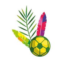 ballon de football avec plumes exotiques et feuille tropicale vecteur