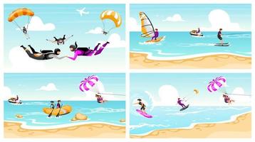 Ensemble d'illustrations vectorielles à plat de sport extrême. couple parachutisme, surf, parachutisme. activités amusantes sur la plage. planche à voile océanique. vacances d'été. activités aquatiques de plein air. personnages de dessins animés extrémaux vecteur
