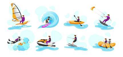 ensemble d'illustrations vectorielles plat sport nautique extrême surf, canoë, kayak. plongée sous-marine. sportif de ski nautique. athlète de kitesurf. couple sur bateau. les sportifs isolés des personnages de dessins animés vecteur