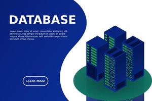 isométrique de la salle des serveurs, données de stockage en nuage, centre de données, traitement des données volumineuses et technologie informatique vecteur