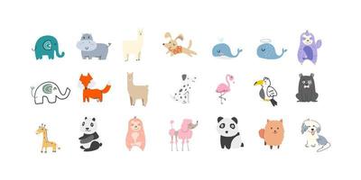 collection d'animaux mignons style dessinés à la main. adorable animal sauvage chien, éléphant, girafe, panda et éléments colorés de la faune kawaii vecteur
