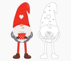 mignon gnome de la Saint-Valentin avec un cadeau rouge dans ses mains. illustration vectorielle plane pour st. cadeau de saint valentin, carte, impression, décoration. gnome en couleur et contour. vecteur