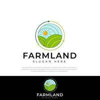 logo de conception de terres agricoles de cercle de flèche. conception de vecteur de paysage rural. illustration de la ferme