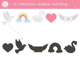 activité d'appariement de l'ombre de la saint valentin pour les enfants. puzzle amusant avec des symboles de vacances mignons. jeu éducatif pour les enfants avec le thème de l'amour. trouvez la bonne feuille de travail imprimable pour la silhouette. vecteur