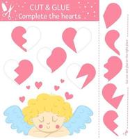 vecteur saint valentin activité de coupe et de colle. jeu d'artisanat éducatif de vacances avec un joli cupidon et un objet traditionnel. activité amusante pour les enfants avec le thème de l'amour. compléter les coeurs