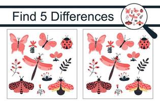 trouvez les Différences. jeu éducatif pour les enfants. collection d'insectes colorés, papillons, coléoptères, libellules, fleurs. illustration vectorielle, style cartoon. vecteur