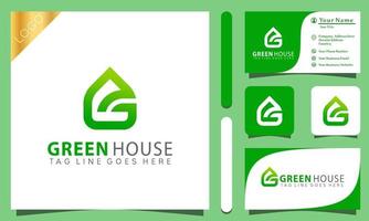 nature lettre g green house leaf logos design vector illustration avec line art style vintage, modèle de carte de visite entreprise moderne