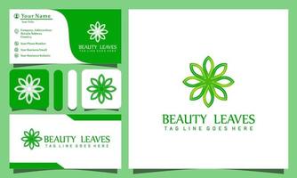 beauté minimaliste feuilles vertes logos conçoivent une illustration vectorielle avec un style d'art en ligne vintage, modèle de carte de visite d'entreprise moderne vecteur