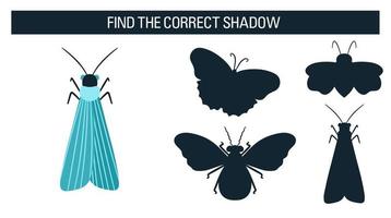 insectes, papillons, mites. trouver la bonne ombre, un jeu éducatif pour les enfants. style de dessin animé illustration vectorielle vecteur