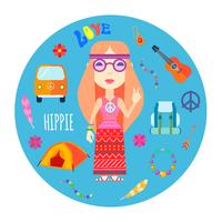 Hippie Character Accessoires Flat Round Illustration vecteur