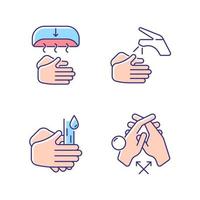 ensemble d'icônes de couleur rvb pour le lavage des mains approprié. méthode de séchage à la main. se mouiller les mains avec de l'eau. frotter les paumes ensemble. lier les doigts. illustrations vectorielles isolées. collection de dessins au trait remplis simples vecteur