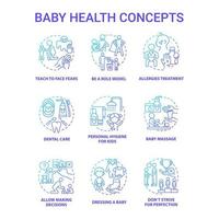 Ensemble d'icônes concept dégradé bleu santé bébé. Idée de soins pour nourrissons illustrations en couleur de ligne mince. élever bébé. santé mentale et physique de l'enfant. soins du nouveau-né. dessins de contour isolés vectoriels. vecteur