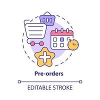 icône de concept de pré-commandes. stratégie pour connaître les besoins des consommateurs. lancement d'une petite entreprise et d'une nouvelle illustration de ligne mince d'idée abstraite de produit. dessin de couleur de contour isolé de vecteur. trait modifiable vecteur