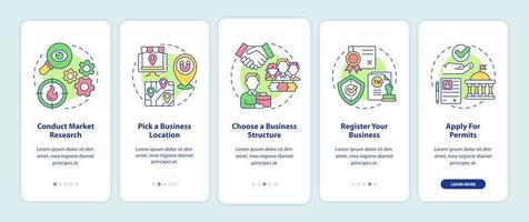 Conseils de démarrage des petites entreprises pour intégrer l'écran de la page de l'application mobile. Procédure pas à pas de démarrage Instructions graphiques en 5 étapes avec des concepts. modèle vectoriel ui, ux, gui avec des illustrations en couleurs linéaires