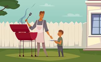 Affiche de bande dessinée de père fils de barbecue de pique-nique vecteur