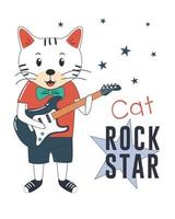chat star du rock jouant de la guitare vecteur