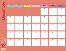 planificateur de calendrier mensuel coloré de décembre 2022 imprimable vecteur