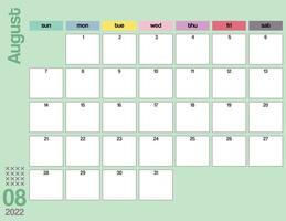 planificateur de calendrier mensuel août coloré 2022 imprimable vecteur