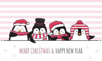 pingouin mignon et amis saluant joyeux noël et bonne année illustration de fond de carte doodle dessin animé vecteur