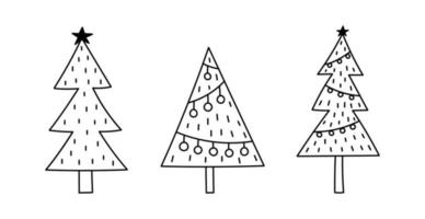 ensemble d'arbres de Noël décorés mignons isolés sur fond blanc. illustration vectorielle dessinée à la main dans le style doodle. parfait pour les conceptions de vacances, les cartes, les décorations, le logo, les invitations. vecteur
