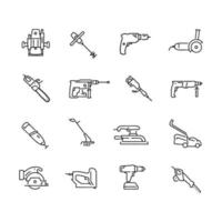 Ensemble d'icônes de ligne mince d'outils électriques isolés sur blanc, lame, tronçonneuse, tondeuse, diesel