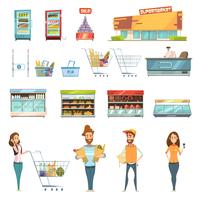 Personnes dans le supermarché Cartoon Icons Set vecteur