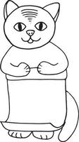 chat mignon avec feuille de papier icône de griffonnage dessiné à la main, scandinave, monochrome, espace de copie, livre de coloriage, place pour le texte. carte, affiche autocollante vecteur