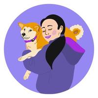 fille avec illustration de chien shiba inu vecteur