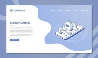 concept de magasin de pharmacie en ligne pour modèle de site Web ou page d'accueil de destination avec style isométrique et contour vecteur