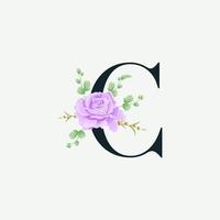 bel alphabet c avec modèle de décoration de logo floral. police de luxe avec illustration vectorielle botanique emblème feuilles vertes. vecteur