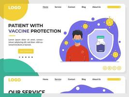 modèle de page de destination avec illustration d'un patient avec protection vaccinale vecteur