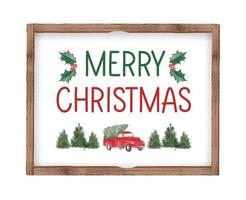 affiche de lettrage joyeux noël avec voiture et arbre dans un cadre en bois. carte de voeux de vacances d'hiver, modèle d'affiche. vecteur